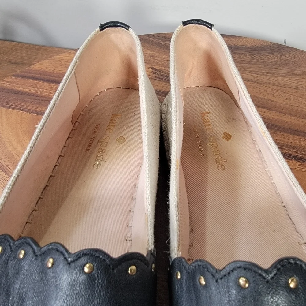 Kate Spade Gardenia Black Leather and Cream Espadrilles Size 8 Scalloped Summer